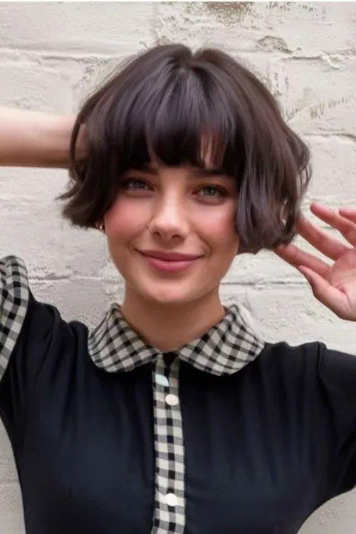 Soft Wavy Bob with Rounded Bangs and Dark Brown Tones