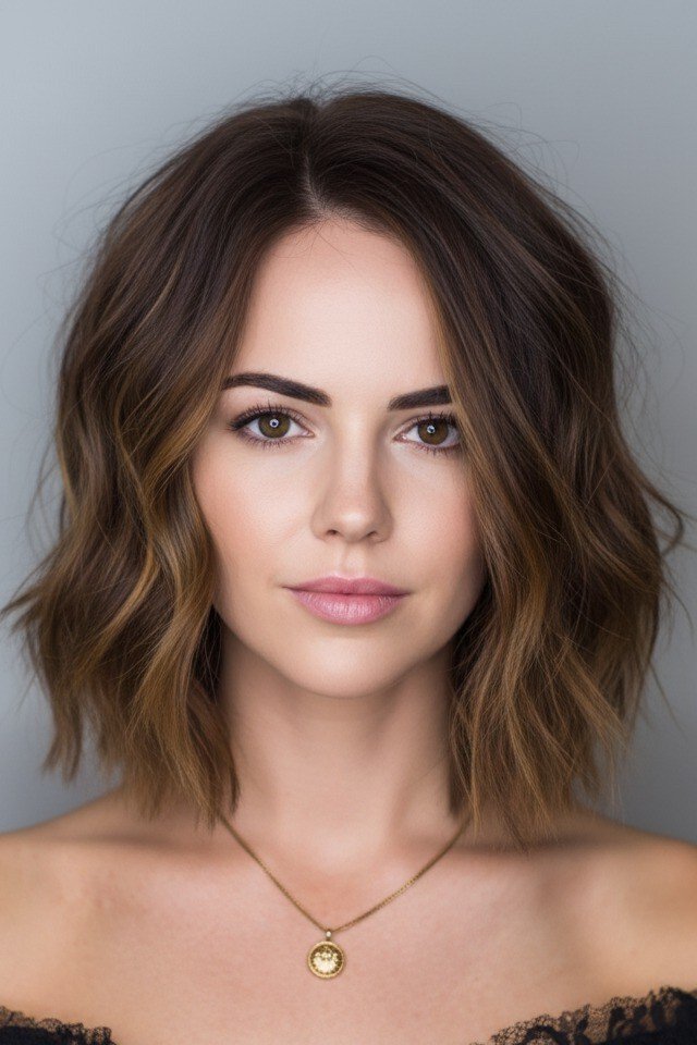 Soft Wavy Brunette Bob with Center Part