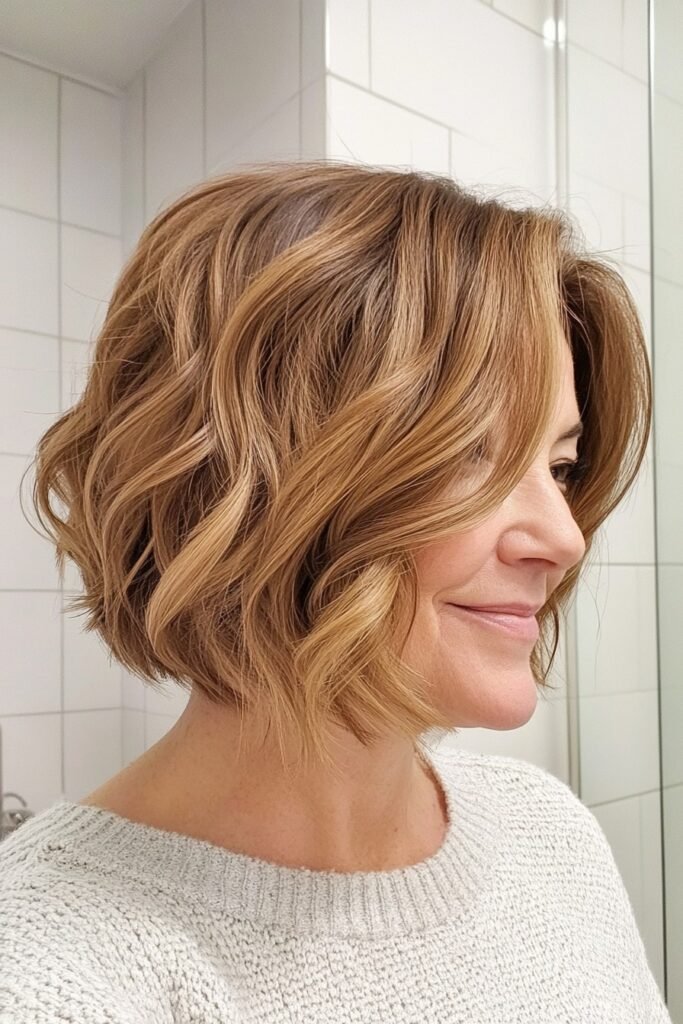 Soft Wavy Caramel Bob with Side-Swept Layers
