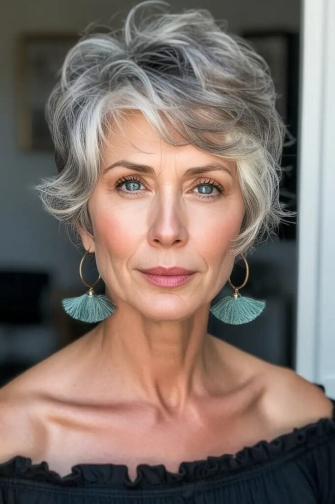 Soft Wavy Pixie Bob with Side-Swept Bangs