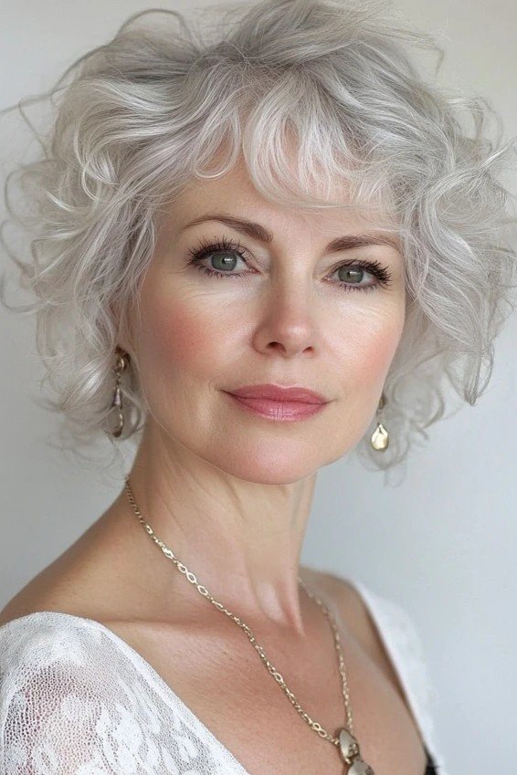 Soft Wavy Silver Bob with Wispy Bangs