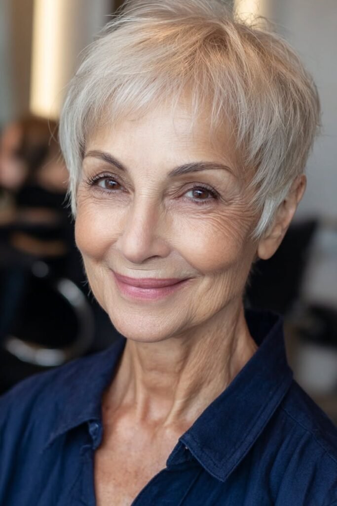 Softly Layered Silver Pixie with Delicate Fringe