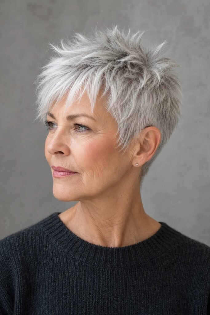 Softly Spiked Silver Pixie Cut with Wispy Bangs