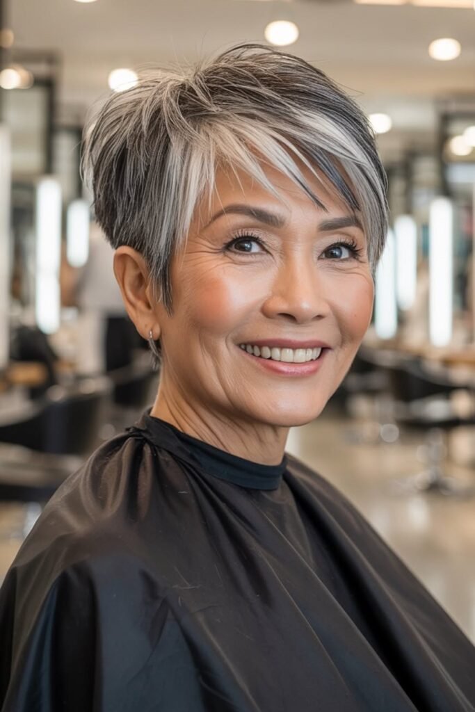 Sophisticated Silver and Black Pixie with Piece-Y Bangs
