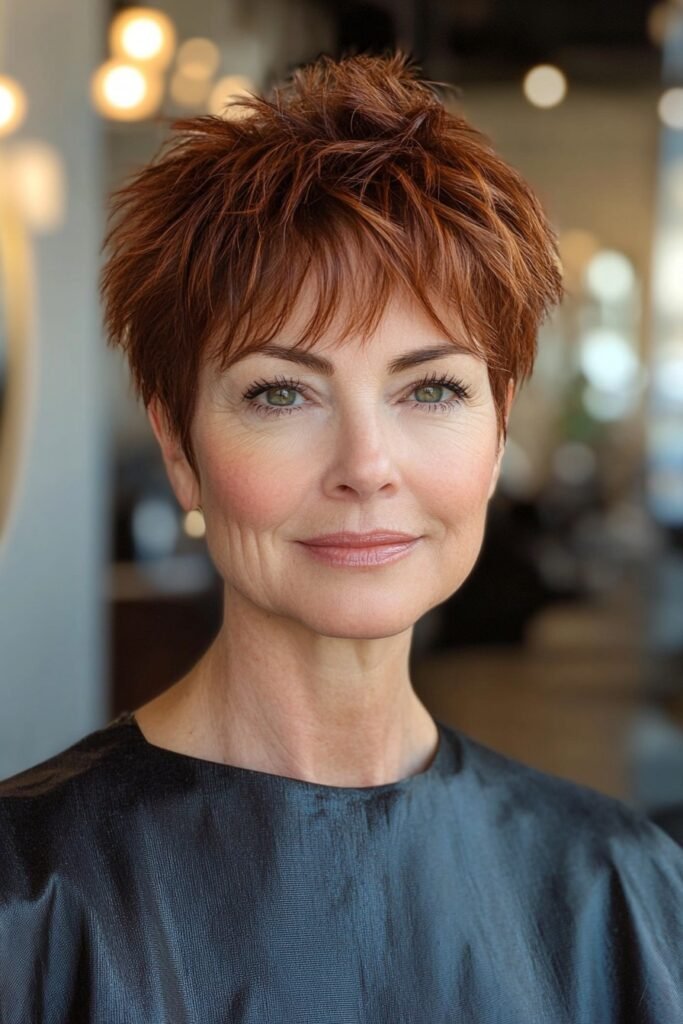 Spiky Auburn Pixie Cut with Textured Top