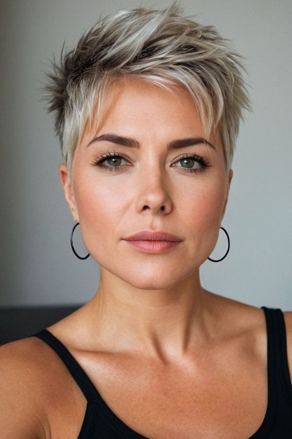 Spiky Frosted Blonde Pixie Cut with Dark Roots