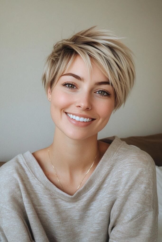 Spiky Layered Blonde Pixie with Side Swept Bangs