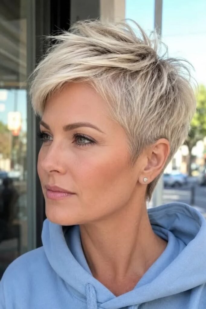 Spiky Platinum Blonde Pixie Cut with Tousled Top