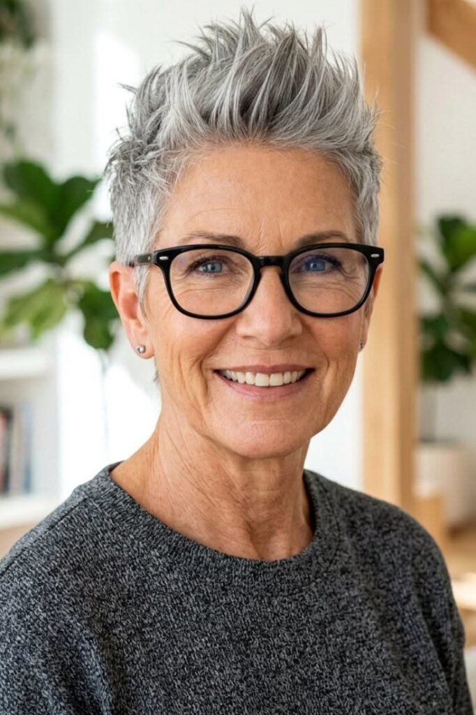 Spiky Silver Cropped Pixie Cut with Black Glasses