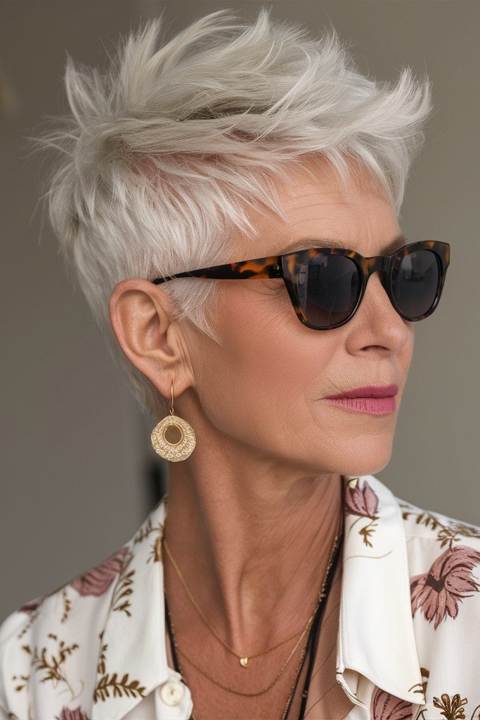 Spiky Silver Cropped Pixie with Side-Swept Bangs
