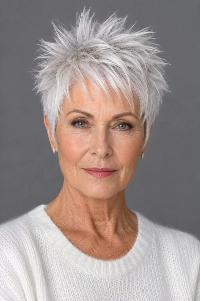 Spiky Silver Pixie Cut with Forward Texture