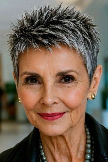 Spiky Silver and Black Contrast Pixie Cut