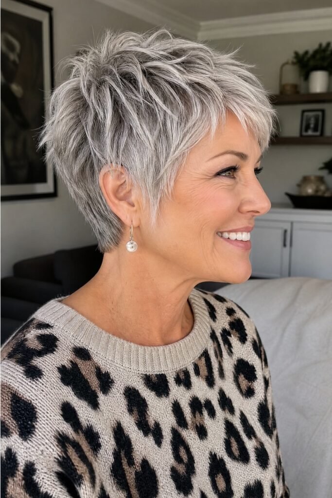 Spiky Textured Silver Pixie with Soft Layers