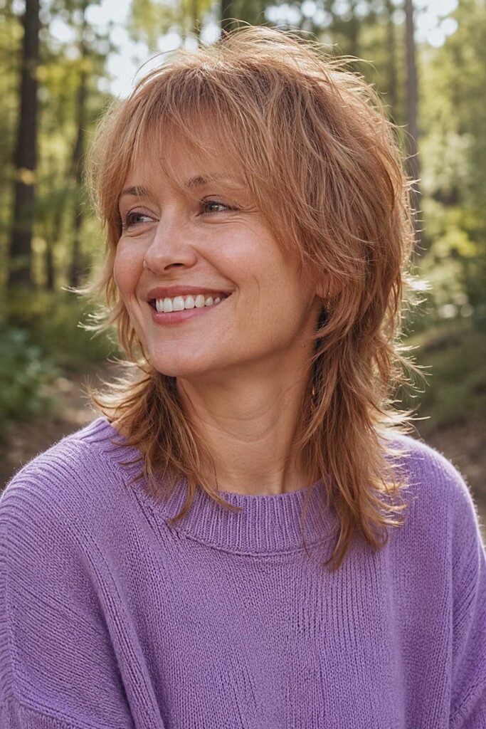 Strawberry Blonde Shaggy Layered Haircut with Soft Bangs
