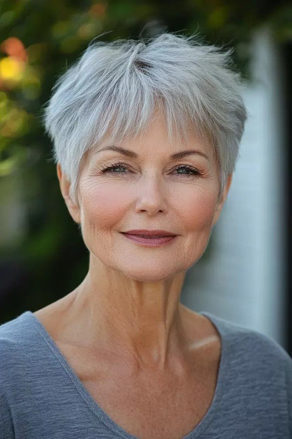 Tapered Grey Pixie Cut with Soft Piecey Bangs