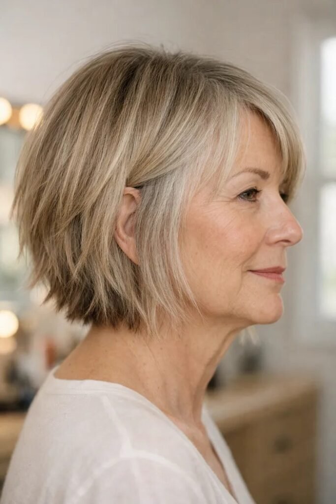 Textured Ash Blonde Bob with Side-Swept Bangs