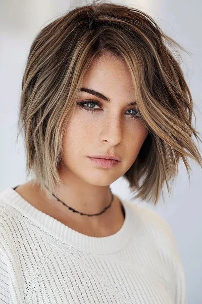 Textured Ash Brown and Blonde Dimensional Bob