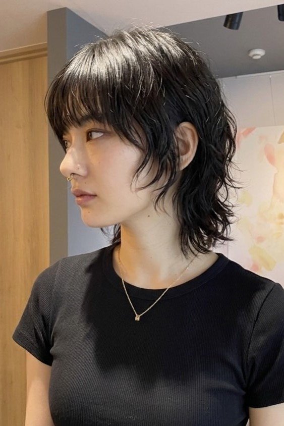 Textured Black Shag Haircut with Bangs