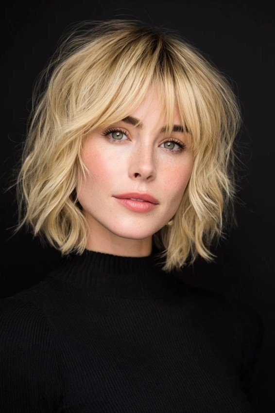 Textured Blonde Bob with Curtain Bangs