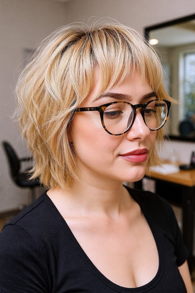 Textured Blonde Bob with Glasses and Bangs