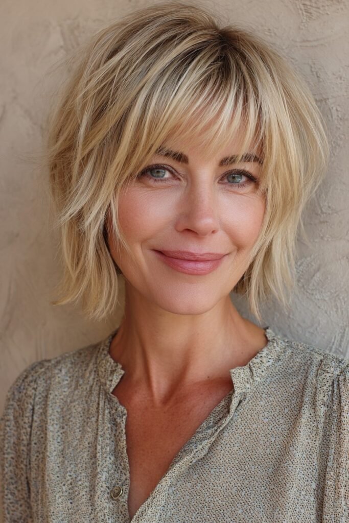 Textured Blonde Bob with Layered Bangs