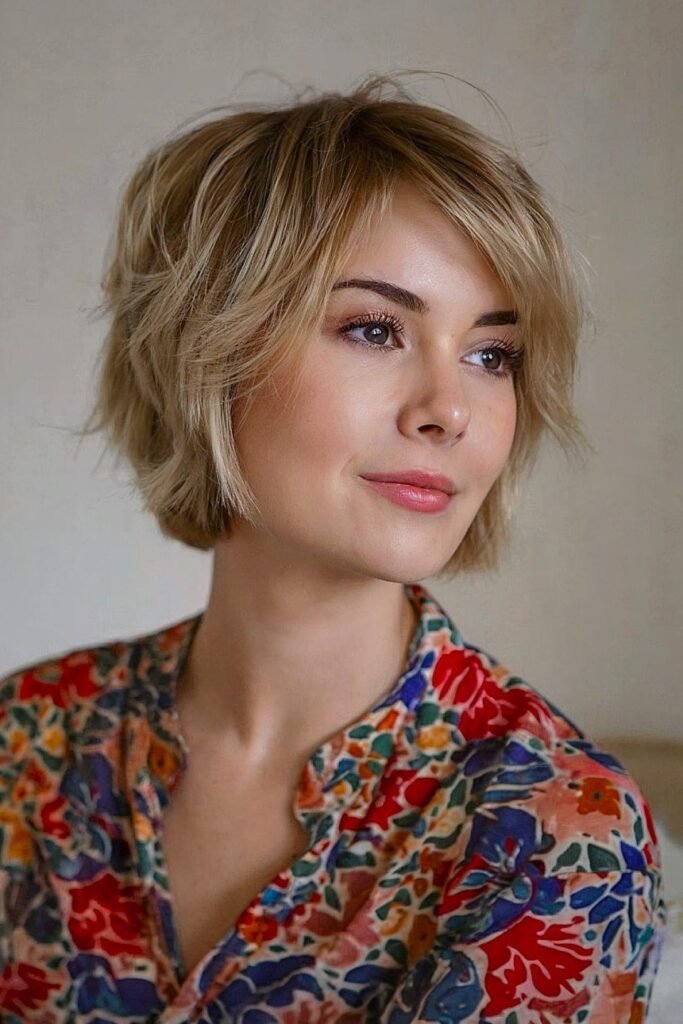 Textured Blonde Bob with Soft Curtain Bangs