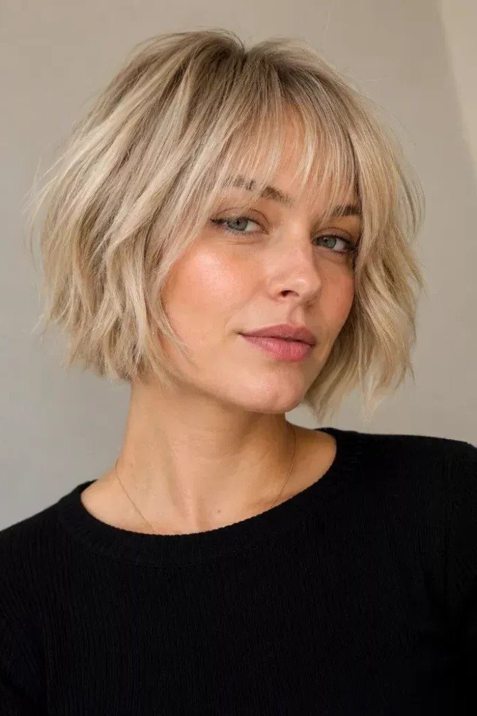 Textured Blonde Bob with Soft Curtain Bangs