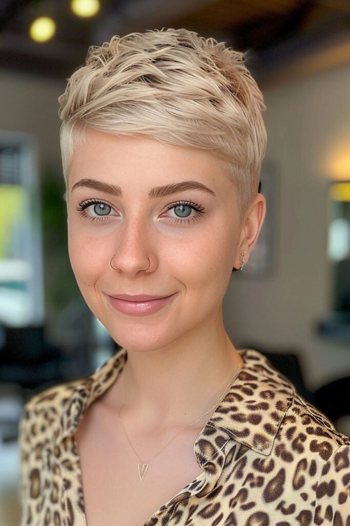 Textured Blonde Pixie Cut with Swept-Forward Crown