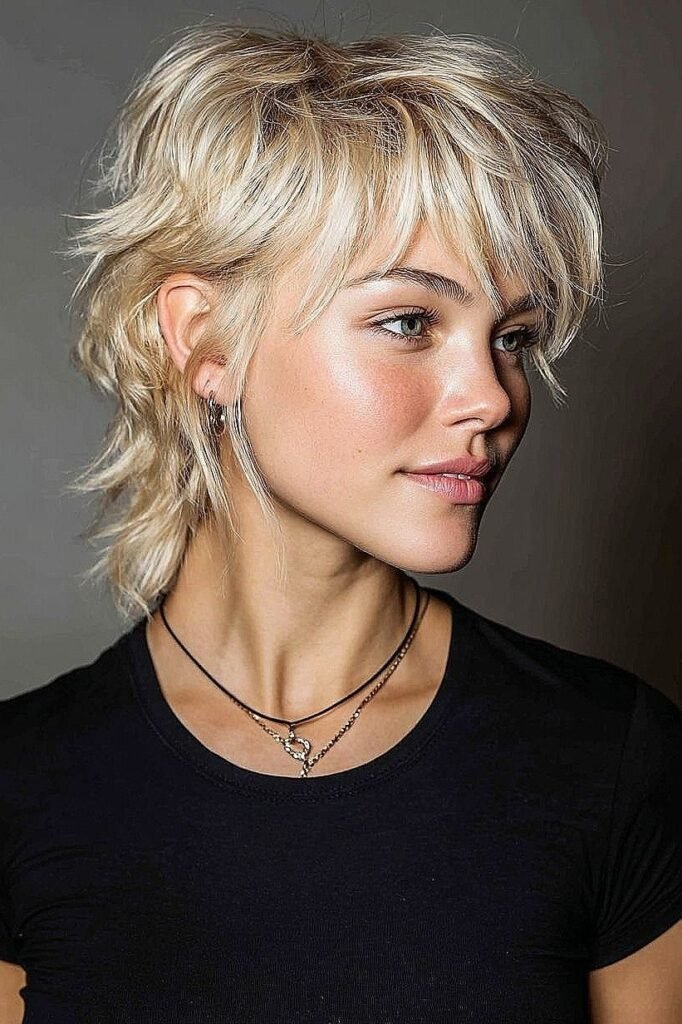 Textured Blonde Shag Haircut with Wispy Bangs