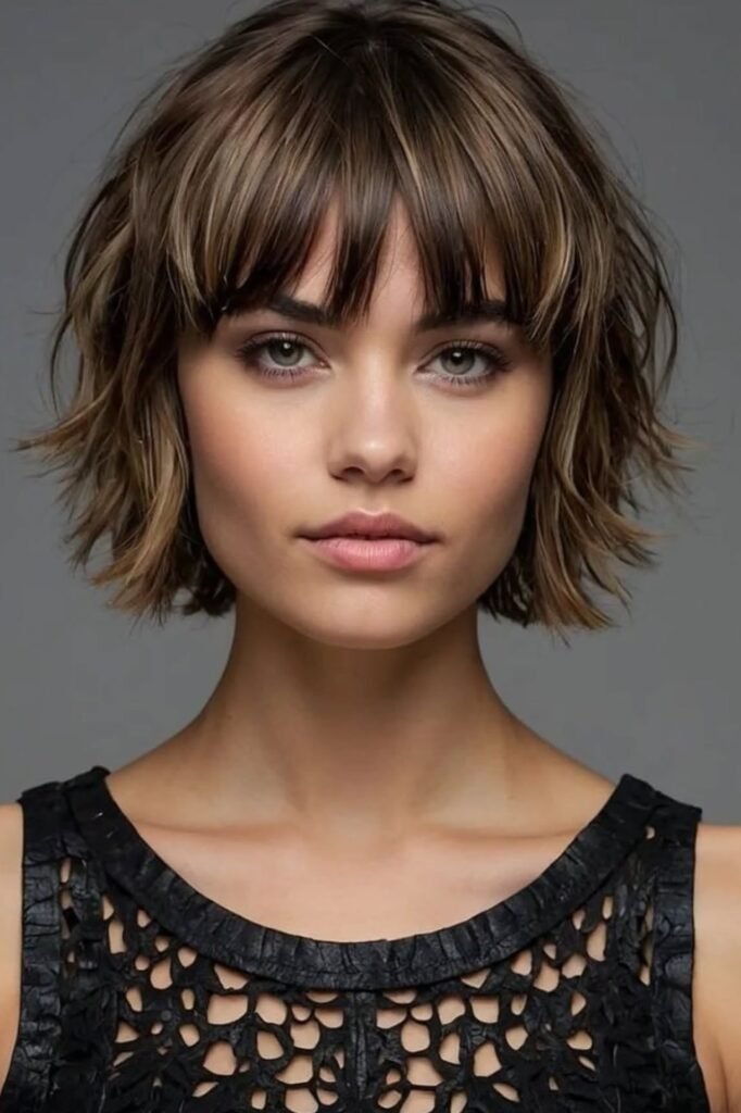 Textured Bob with Blunt Bangs and Highlights