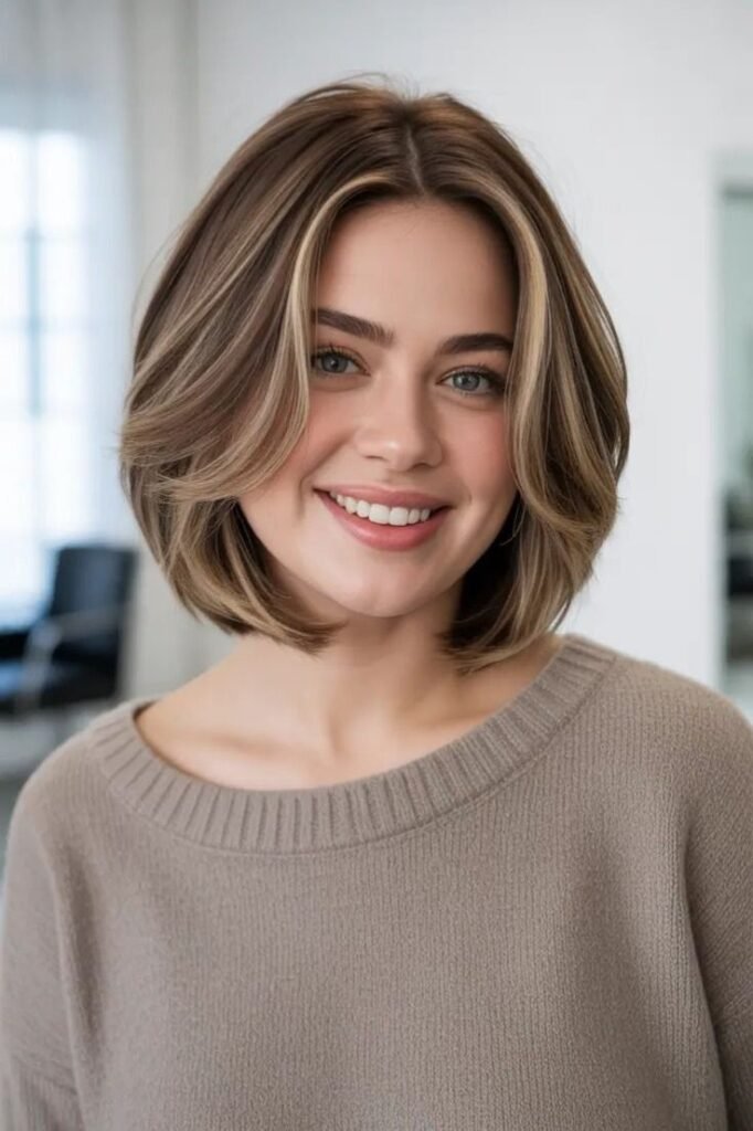 Textured Bob with Curtain Bangs and Highlights
