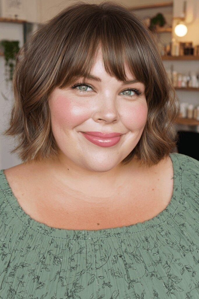 Textured Bob with Full Bangs and Highlights