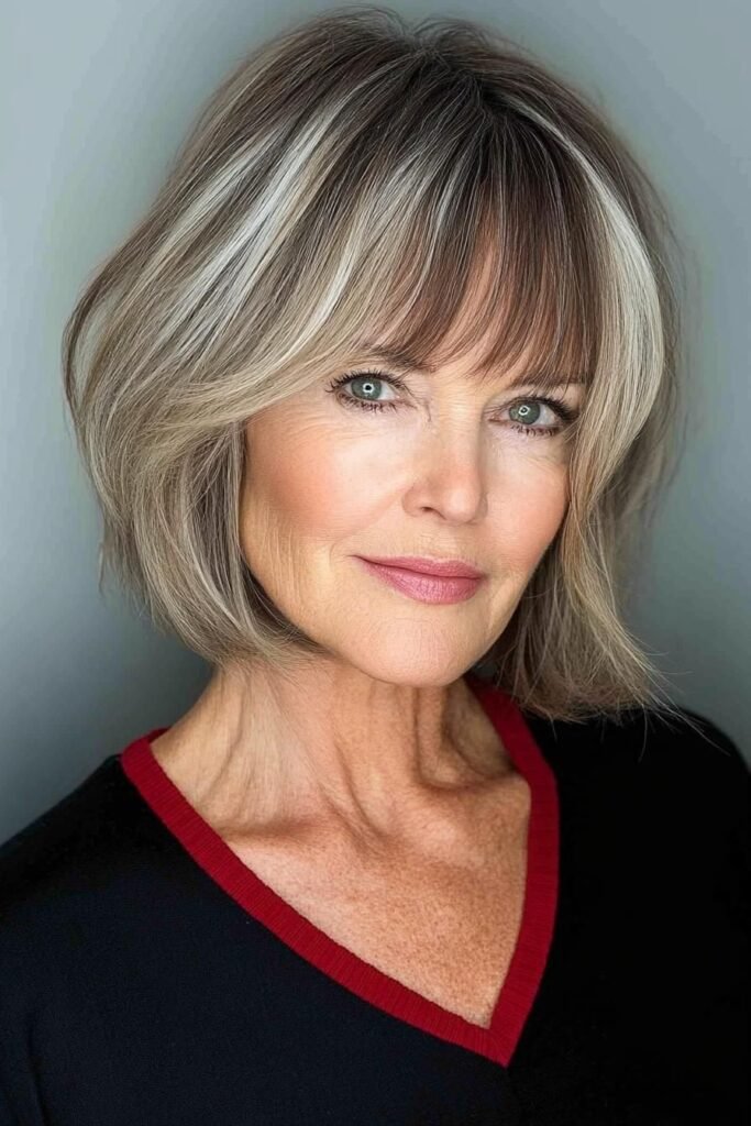 Textured Bob with Highlights and Soft Bangs