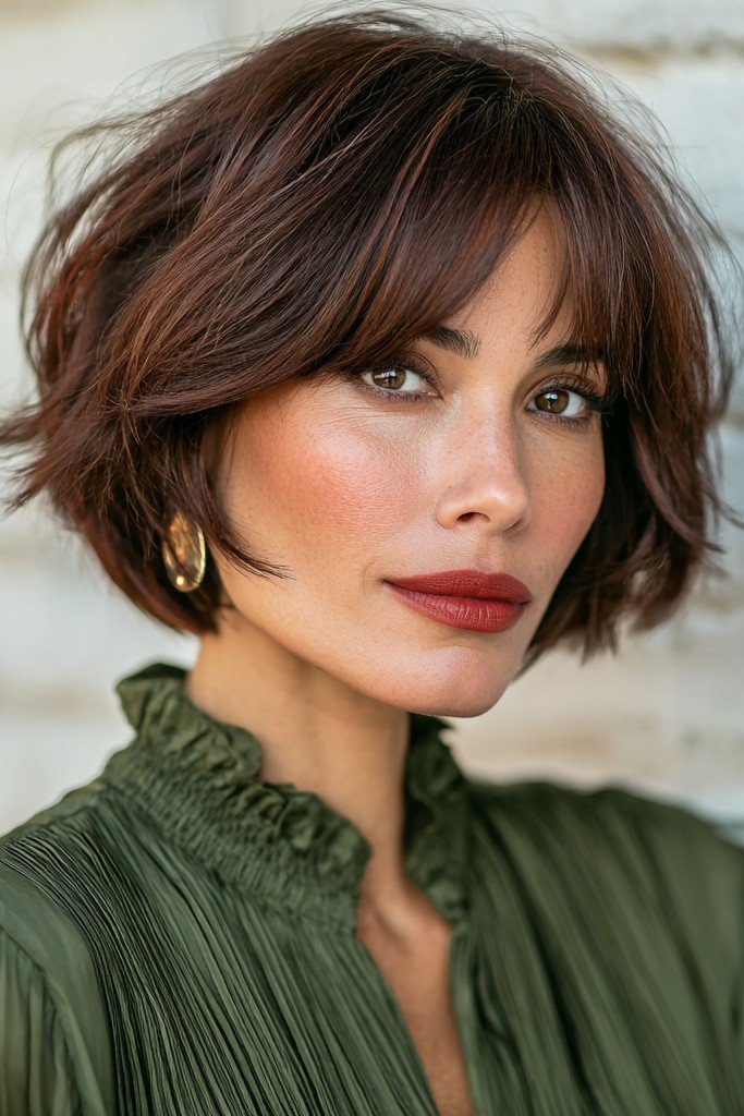Textured Bob with Piece-Y Bangs and Rich Auburn Tones