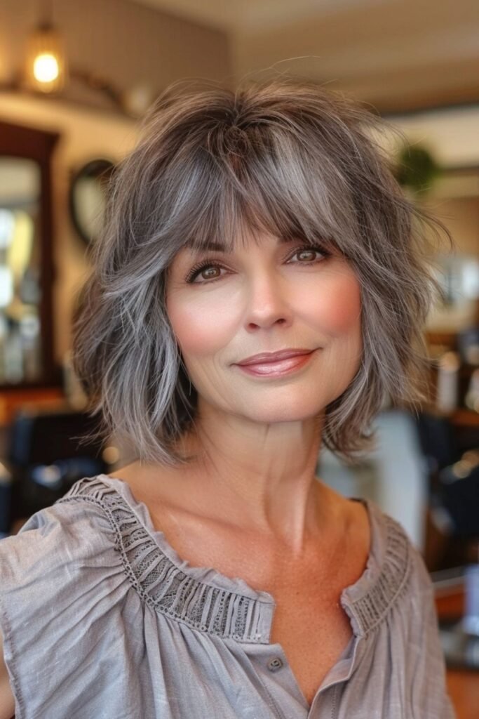 Textured Bob with Soft Grey Layers and Bangs