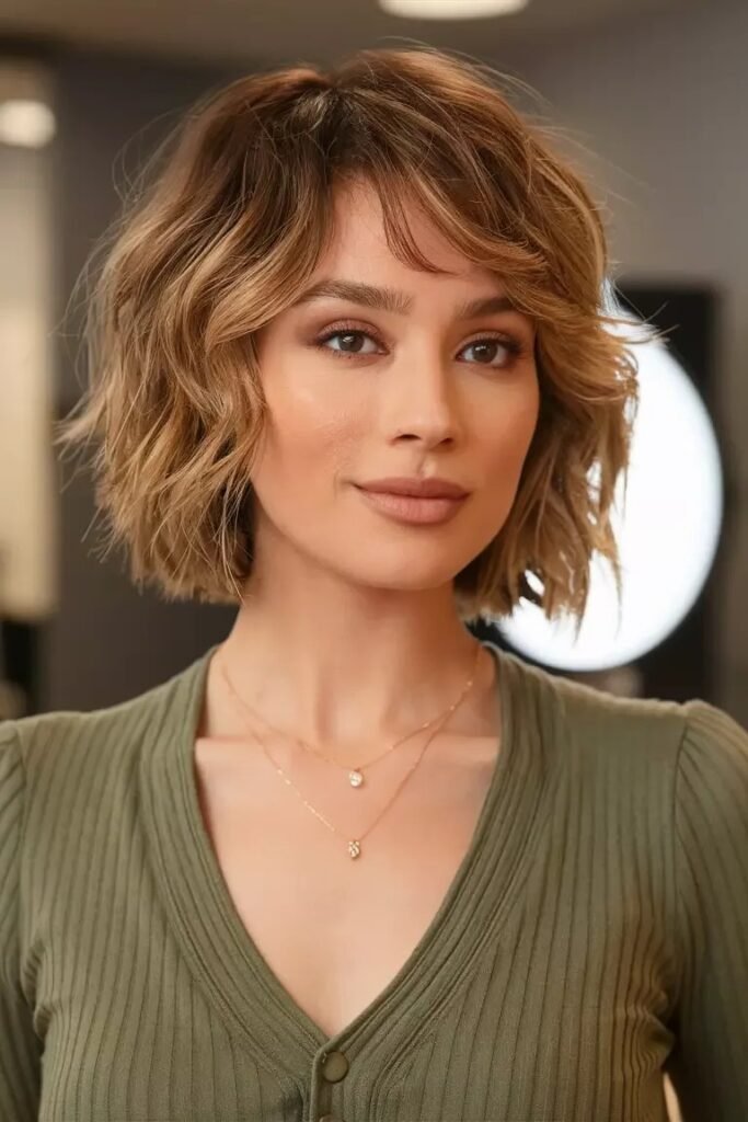 Textured Bob with Soft Waves and Side-Swept Bangs