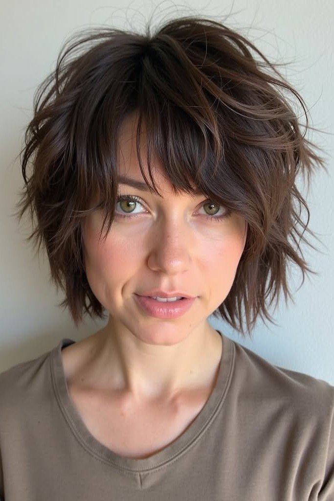 Textured Brown Bob with Choppy Layers and Bangs