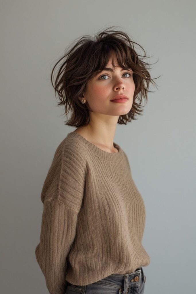Textured Brown Bob with Tousled Fringe