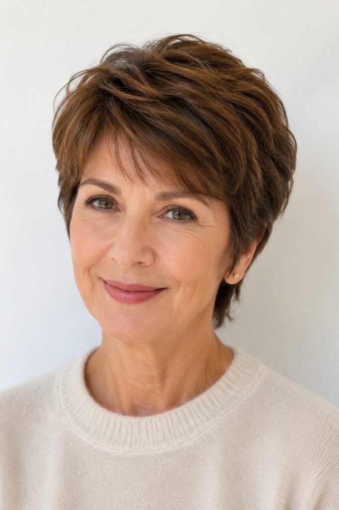 Textured Brown Pixie Cut with Soft Bangs