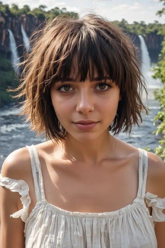 Textured Brown Shaggy Bob with Piece-Y Bangs