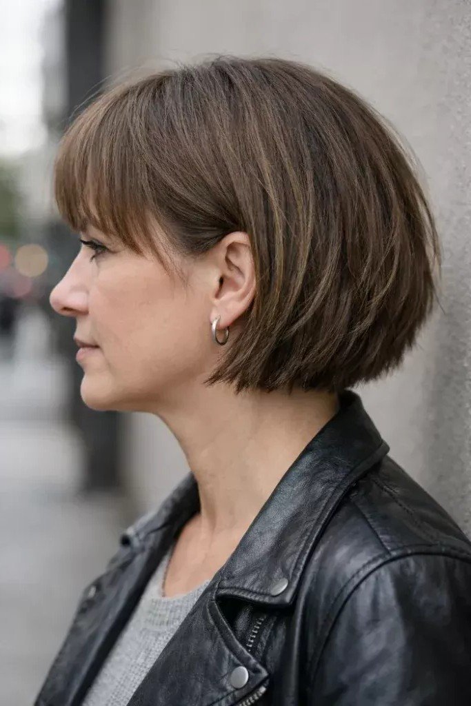 Textured Brunette Bob with Bangs