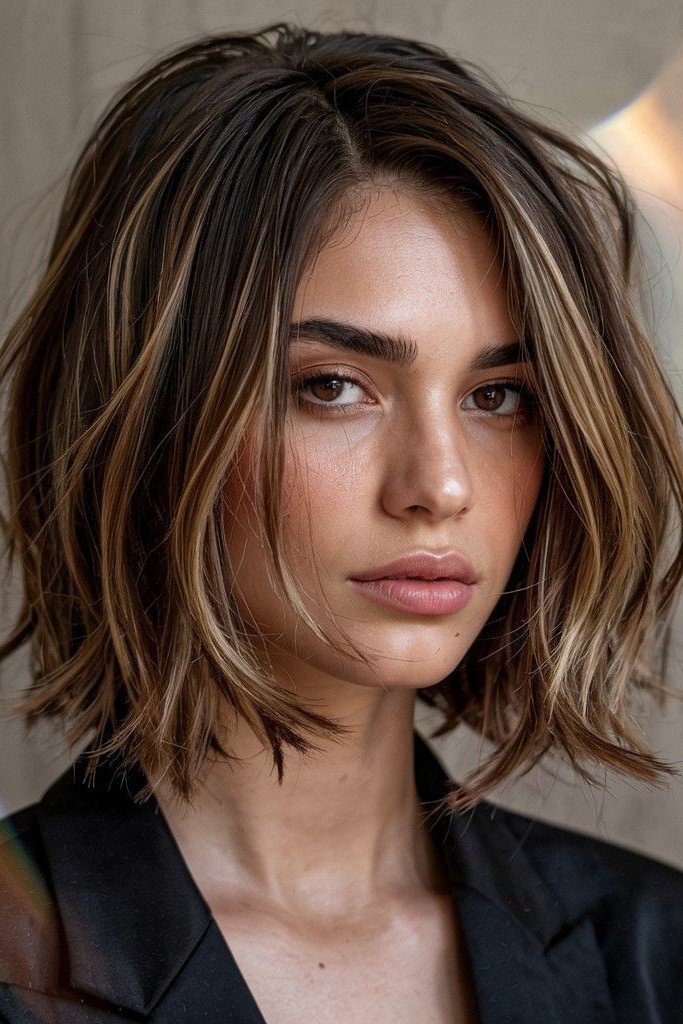 Textured Brunette Bob with Face-Framing Highlights