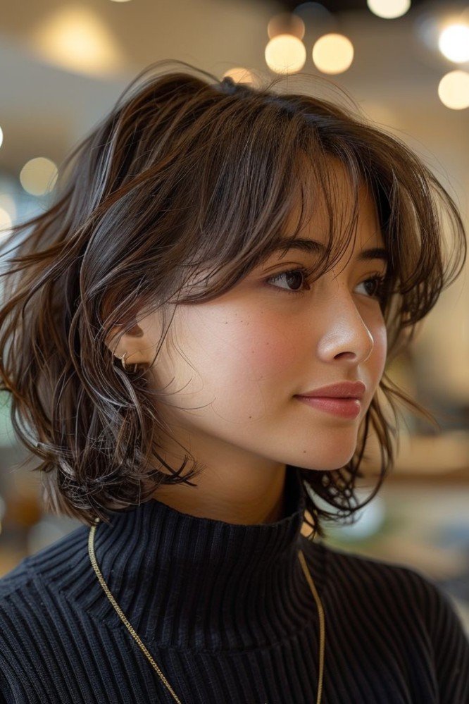 Textured Brunette Bob with Wispy Curtain Bangs