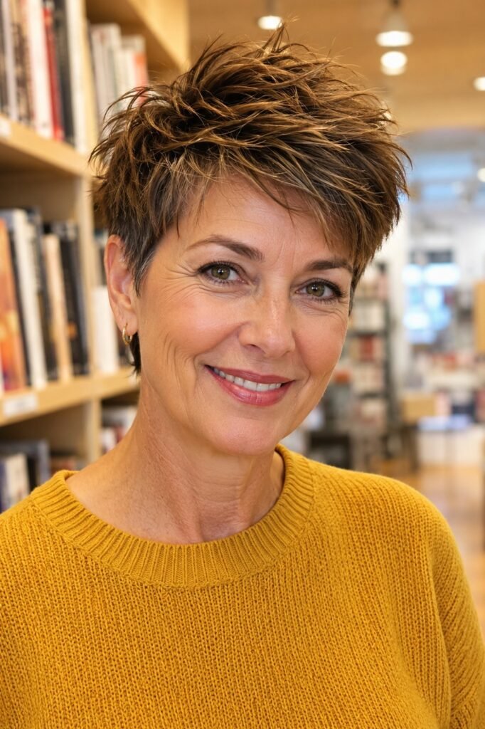 Textured Brunette Pixie Cut with Spiky Finish