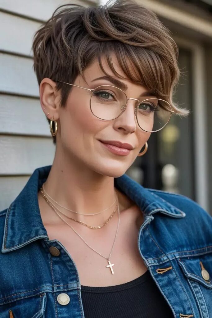 Textured Brunette Pixie with Side-Swept Bangs