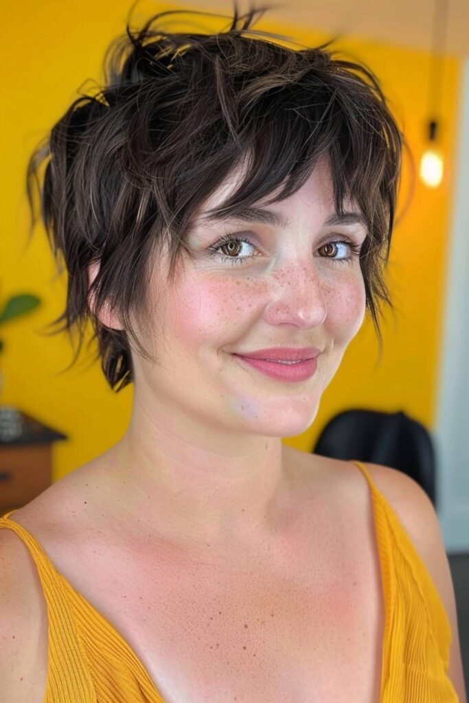 Textured Brunette Shaggy Pixie with Soft Fringe and Freckles