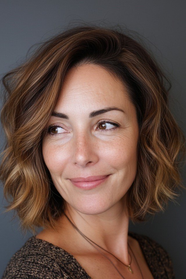 Textured Caramel-Highlighted Bob with Side Part