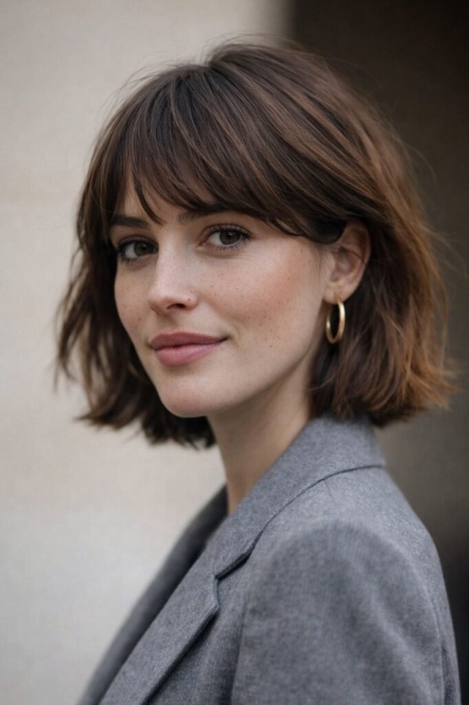 Textured Chestnut Brown Bob with Side-Swept Bangs