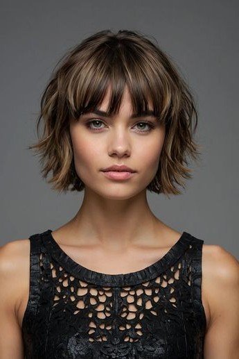 Textured Chin-Length Bob with Blunt Bangs