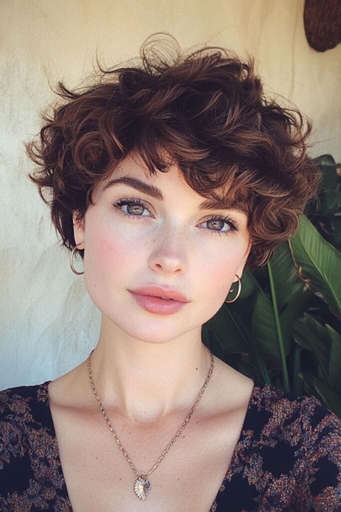 Textured Curly Pixie Cut with Soft Bangs
